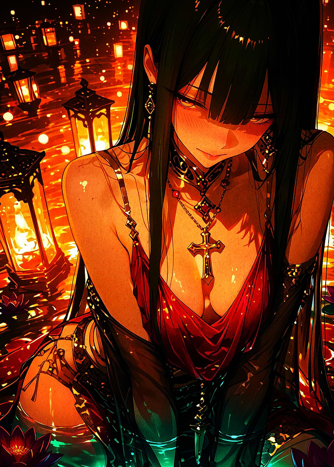 Anime Girl with Lanterns and Cross