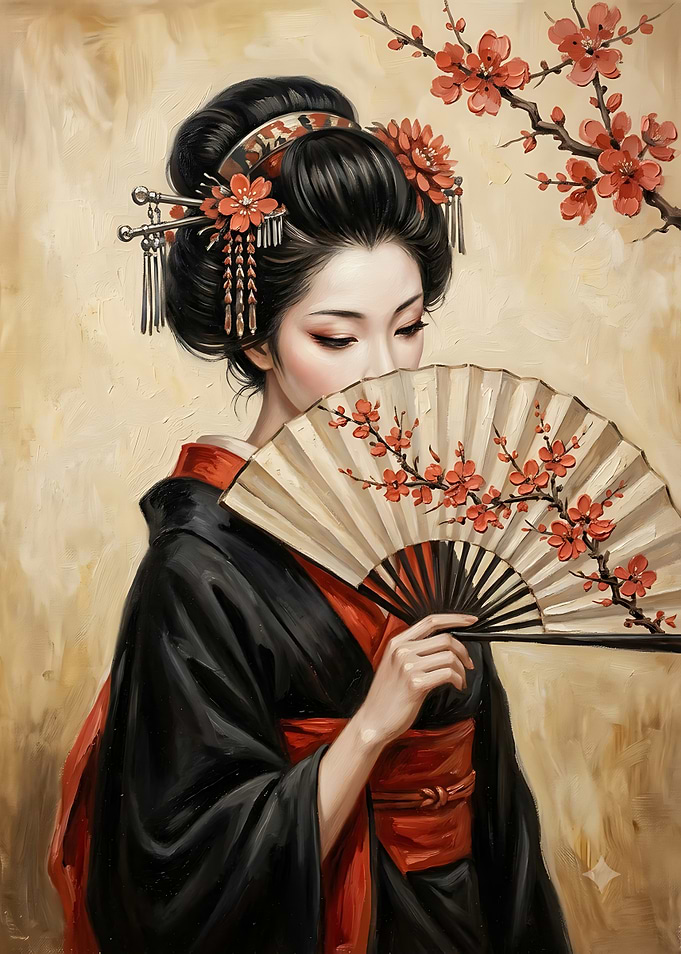 Elegant Geisha with Cherry Blossom Fan