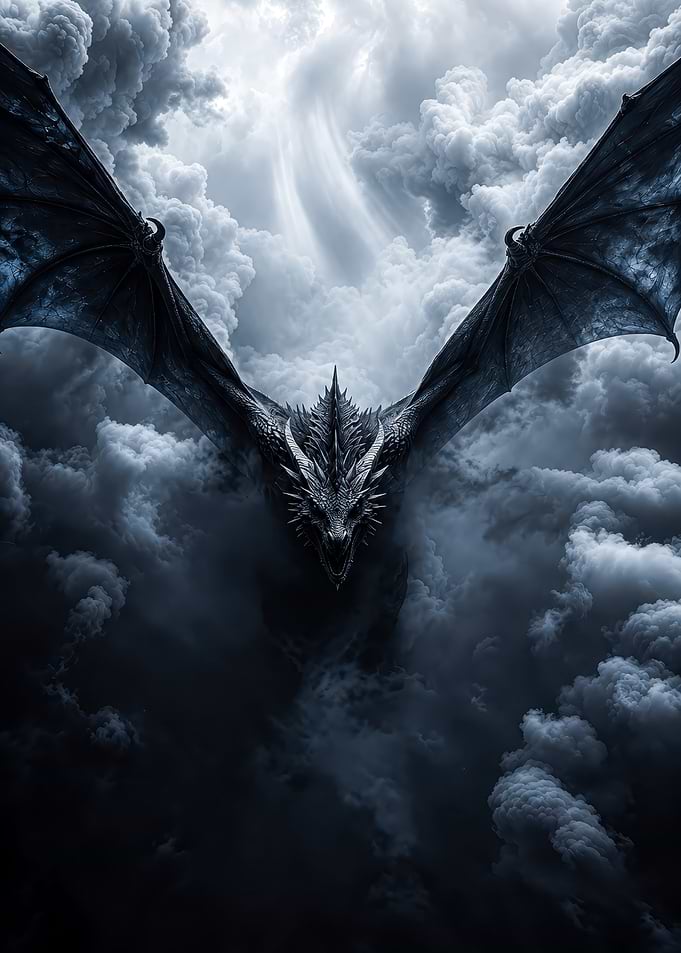 Majestic Dragon Soaring Through Stormy Clouds
