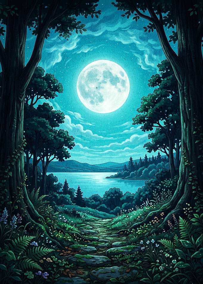 Moonlit Forest Night Cyan Art