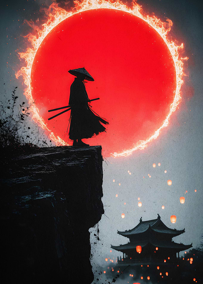 Samurai Fire Sun Dark Fantasy Art