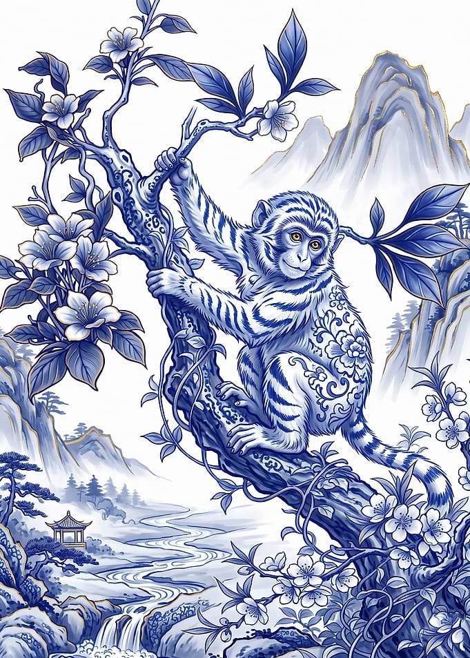 Blue and White Porcelain Monkey Illustration