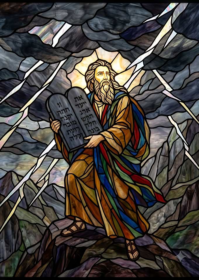 Moses with Ten Commandments Stained Glass