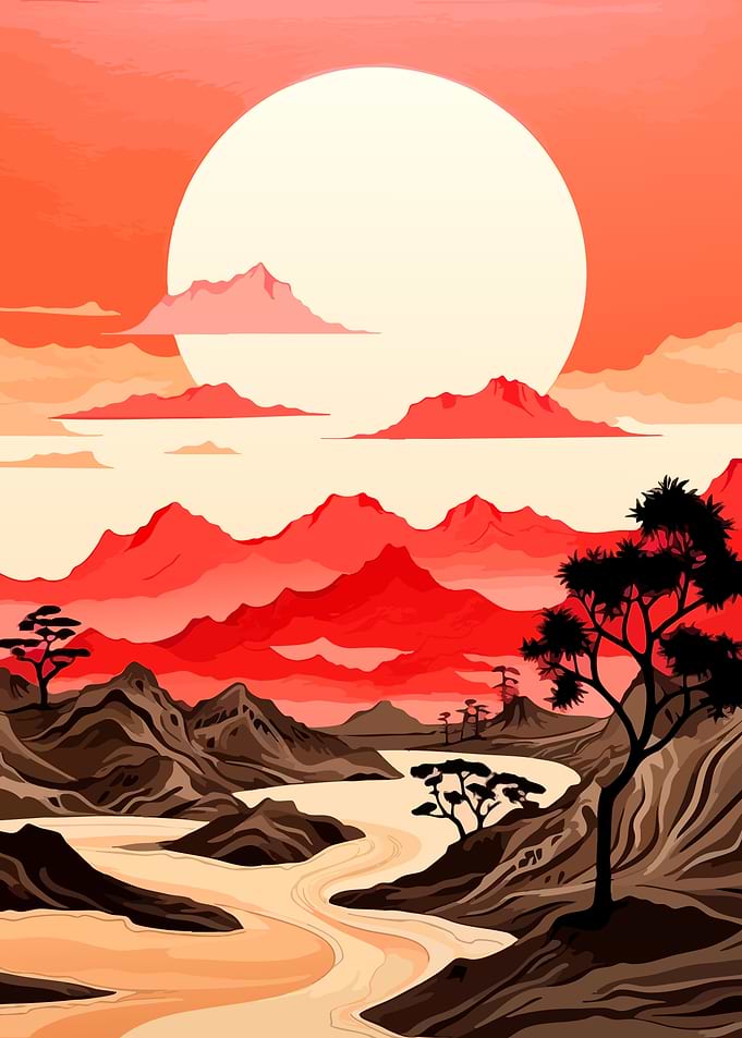 Red Sunset Mountain Landscape Illustration