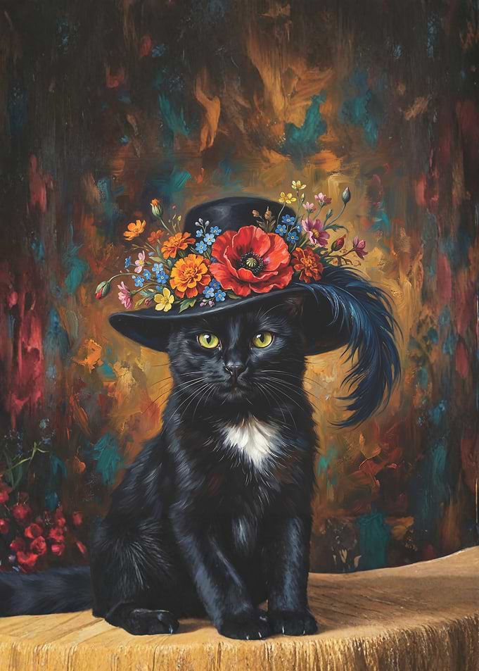 Elegant Black Cat in Floral Hat