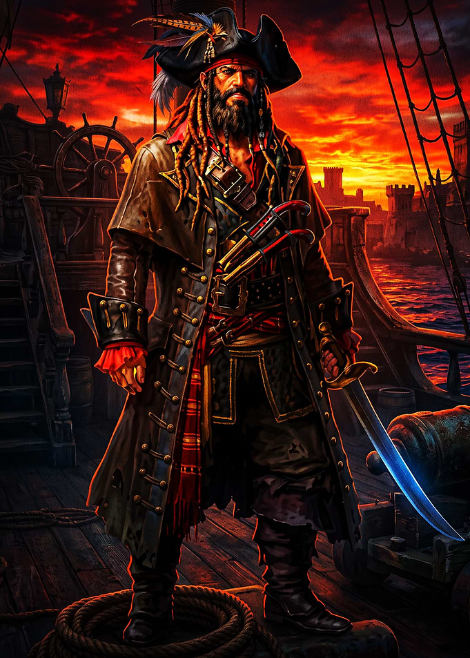 Pirate Captain on Deck at Sunset