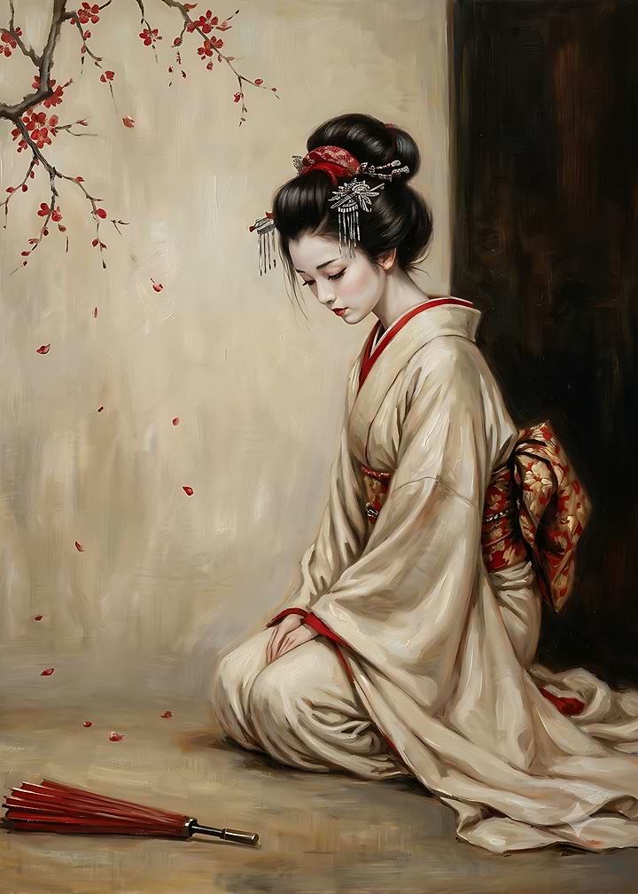 Elegant Geisha Kneeling in Traditional Kimono