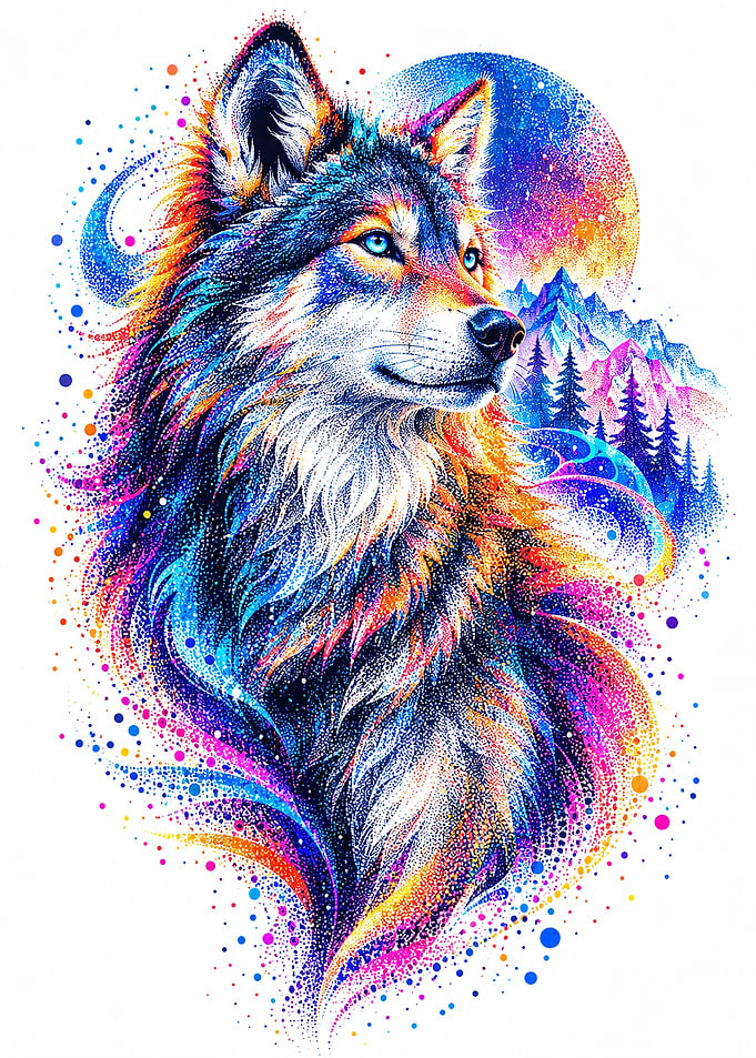 Vibrant Stippled Wolf Portrait