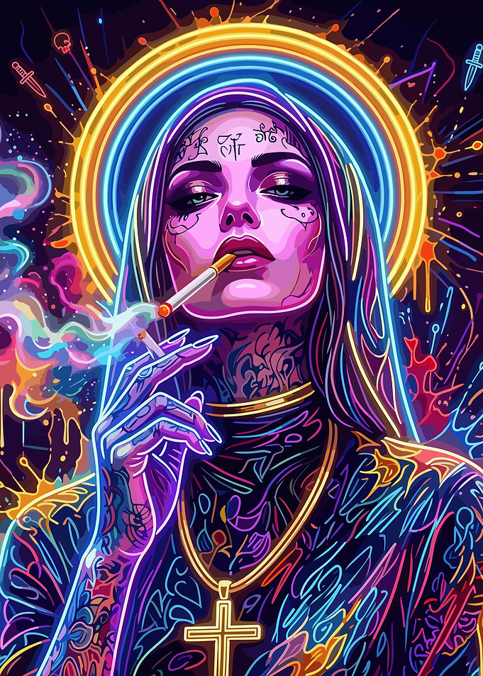 Neon Tattooed Saint Smoking Portrait