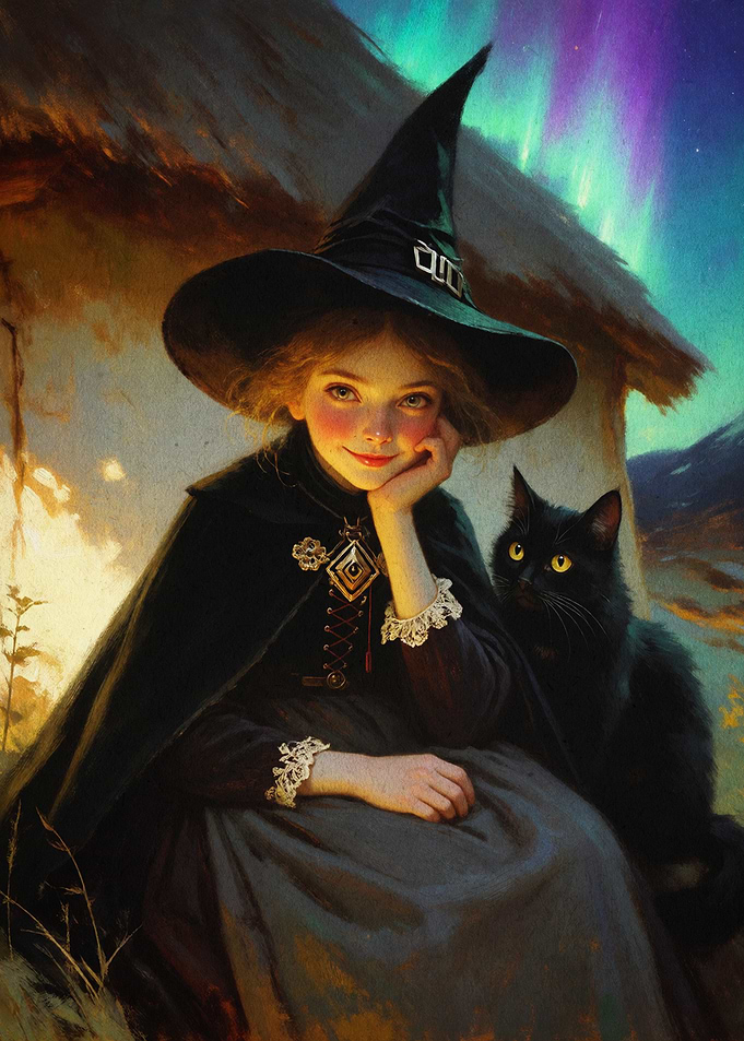 Magical Witch Cat Northern Lights