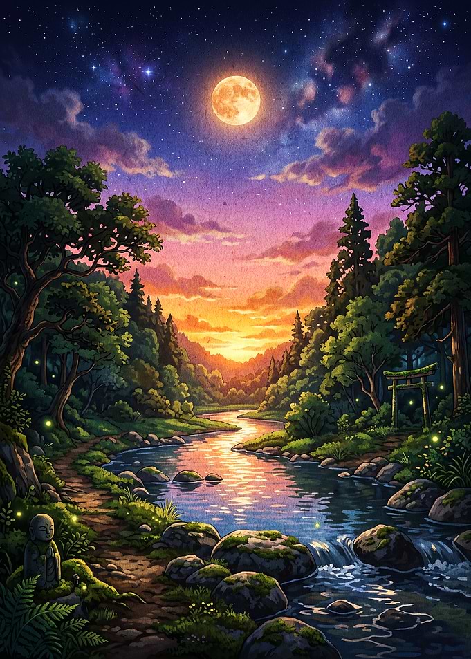 Anime River Moonlit Forest Art