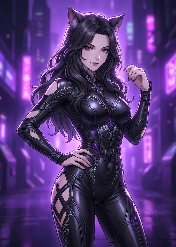 Cyberpunk Cat-Girl in Purple City