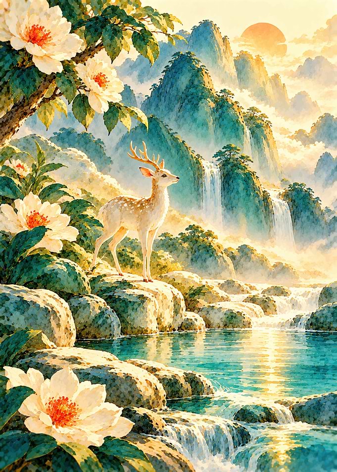 Deer in Ethereal Mountain Landscape