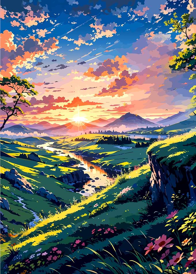 Vibrant Sunset Over Mountain Valley