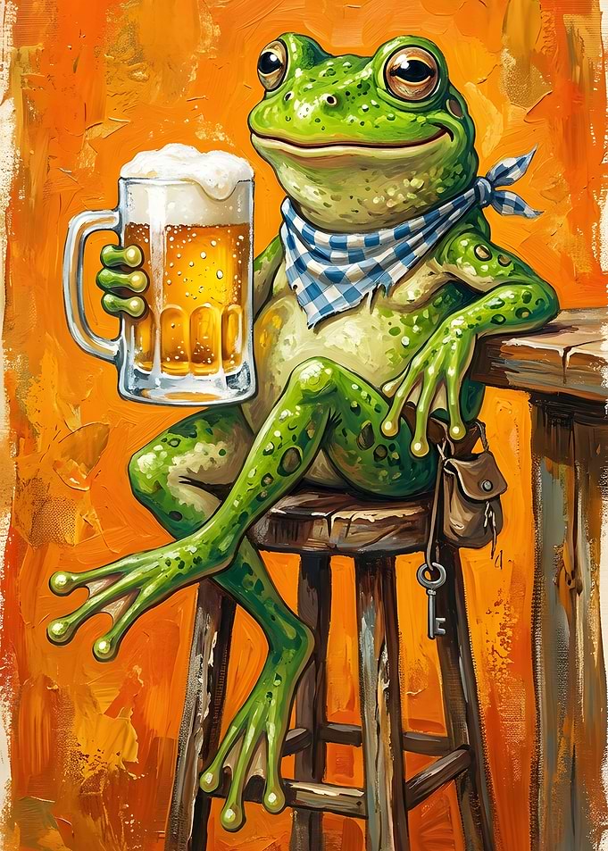 Frog Drinking Beer on Stool