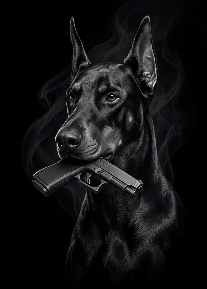Doberman Pinscher Holding a Handgun