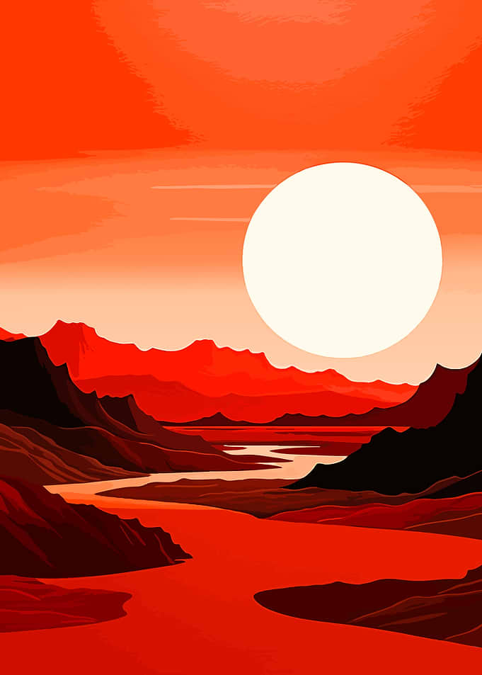 Minimalist Red Landscape with Sun