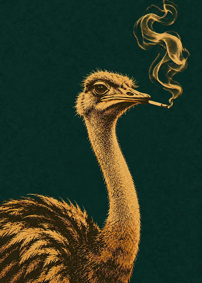 Smoking Ostrich Vintage Style Illustration