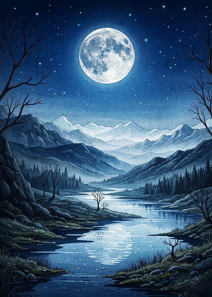 Full Moon Night River Watercolor Ar