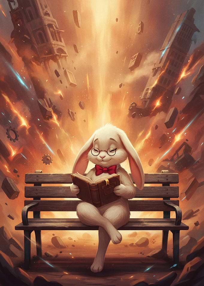 Rabbit Reading Amidst Chaos