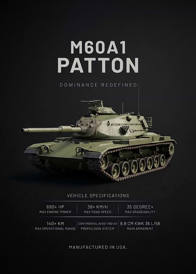 black background minimalism M60A1 Patton Tank Technical Poster