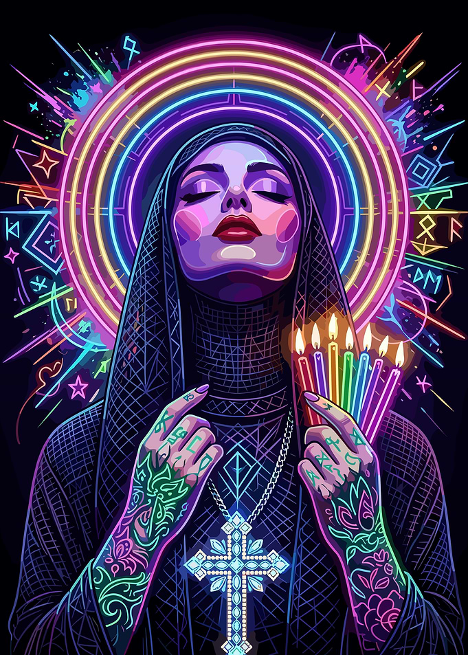 Neon Cyberpunk Nun with Candles