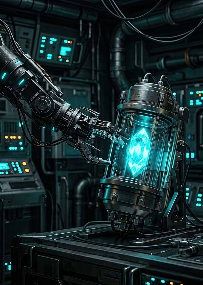 Robotic Arm Manipulating Glowing Crystal