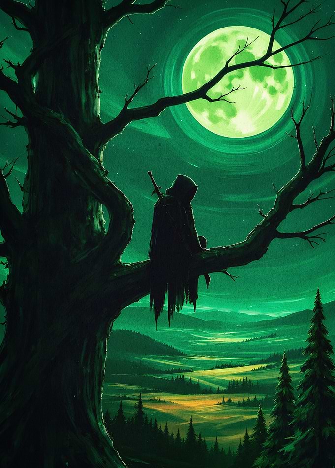 Hooded Knight Green Moon Fantasy Ar