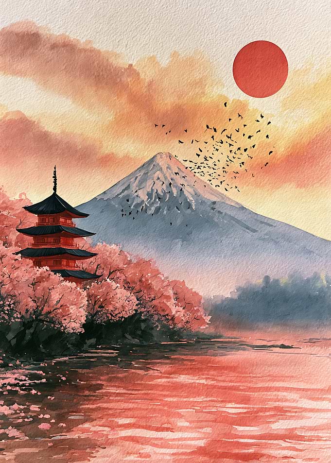 Mount Fuji and Pagoda Watercolor Landscape
