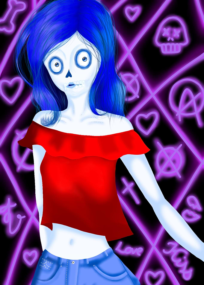 Gothic Girl with Neon Symbols - Tim Burton inspired aesthetic