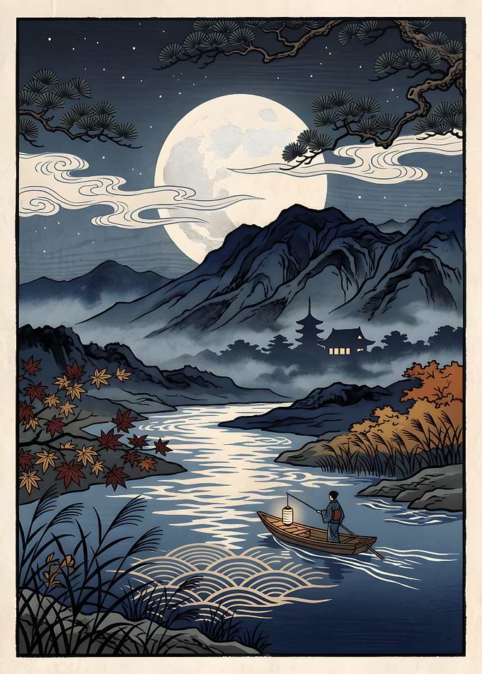 Japanese Night Landscape with Boat