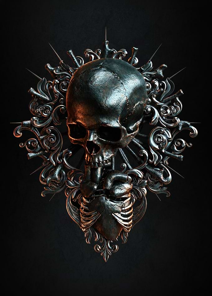 Ornate Metallic Skull and Heart Emblem