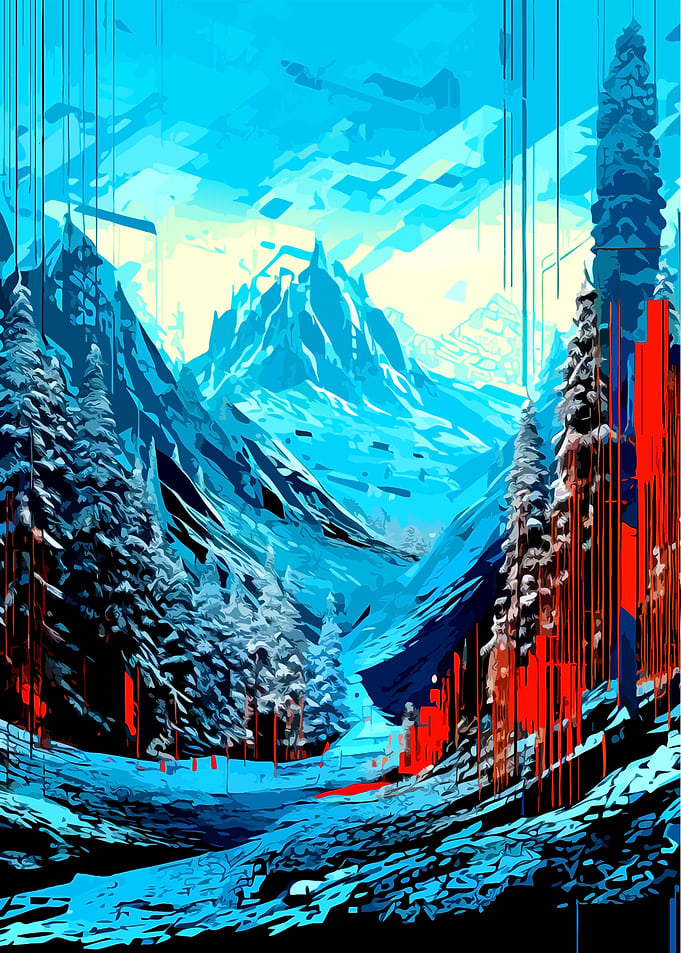 Abstract Snowy Mountain Landscape Art