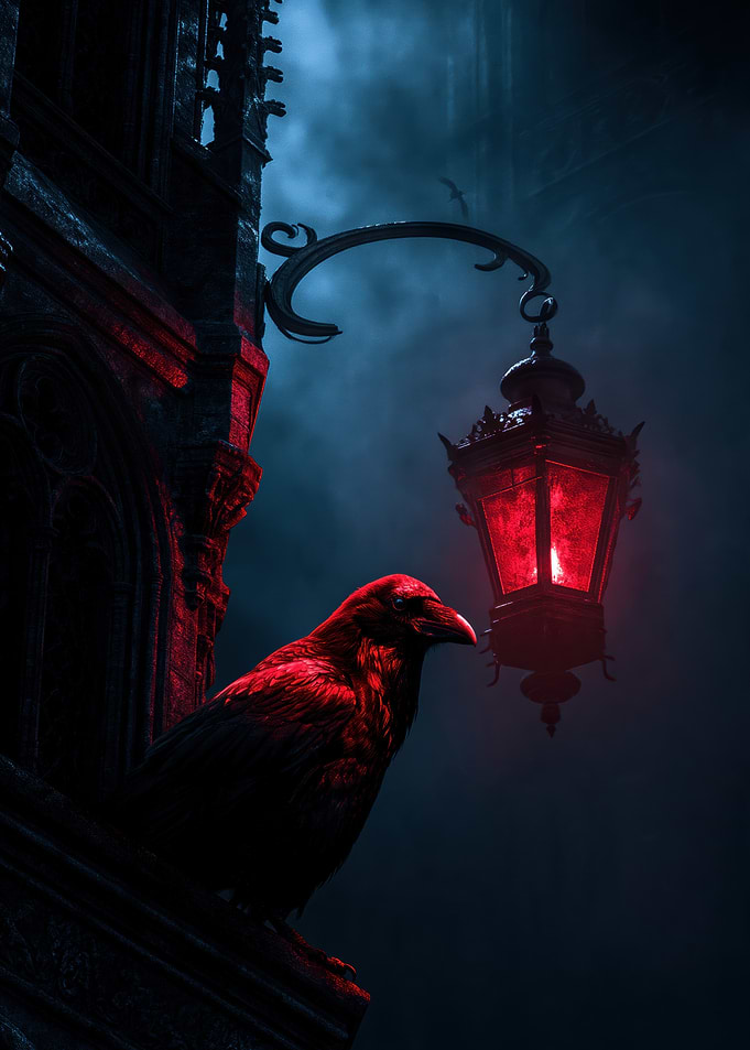 Gothic Raven Under Red Lantern