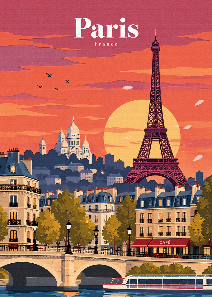 Paris France Sunset Travel Poster