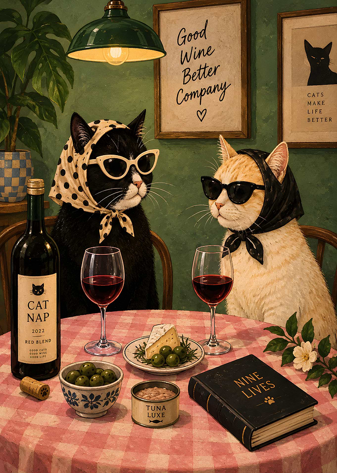Two Cats Having Wine and Dinner