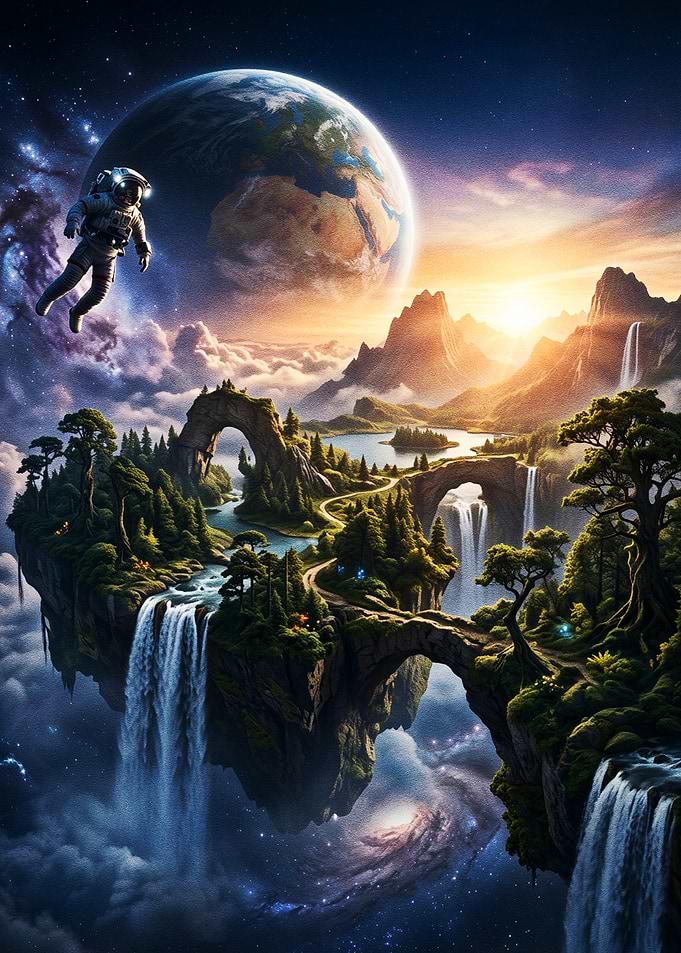 Astronaut Over a Floating Paradise