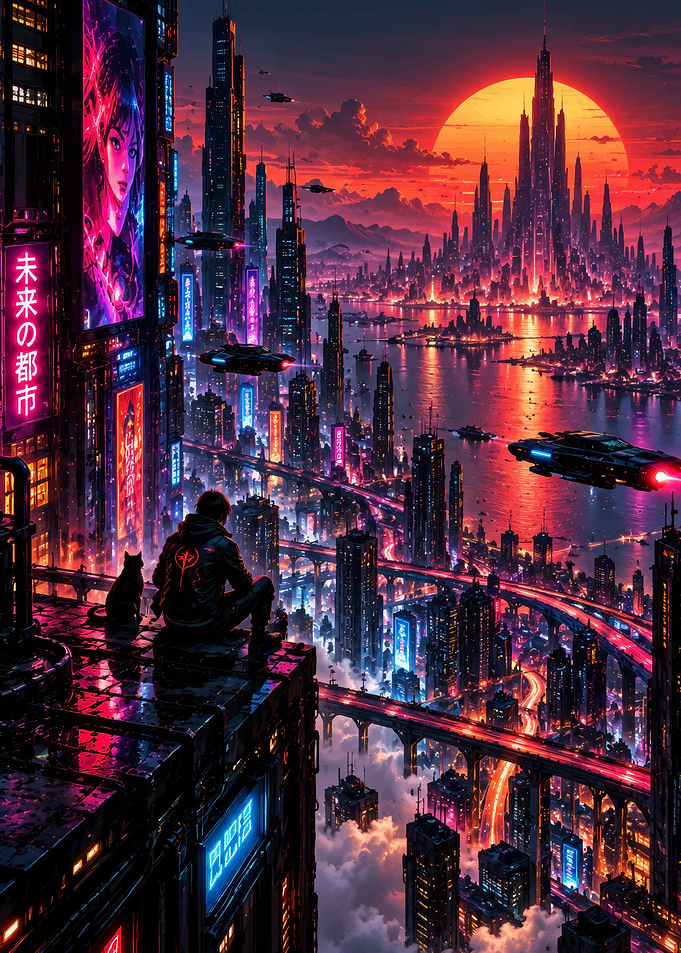 Cyberpunk Cityscape at Sunset