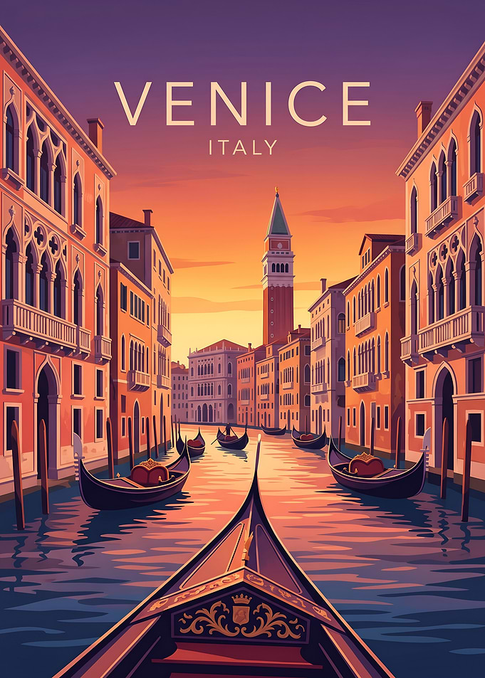 Sunset Over Venice Canal and Venetian Gondolas