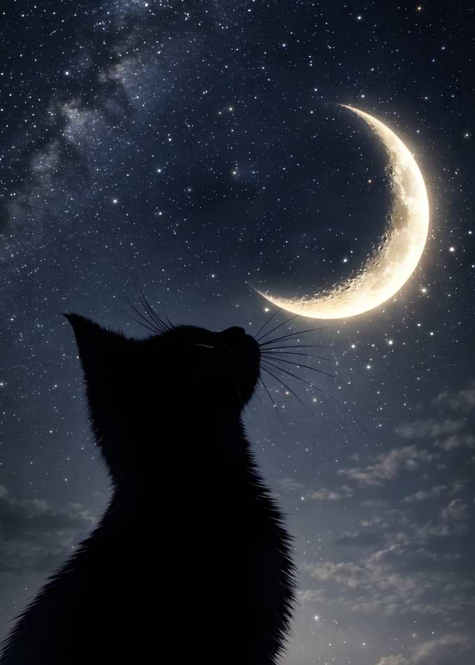 Black Cat Gazing at Crescent Moon