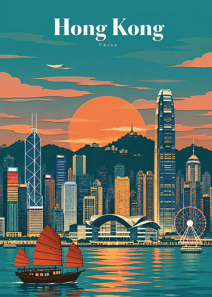 Hong Kong Skyline Sunset Travel Poster