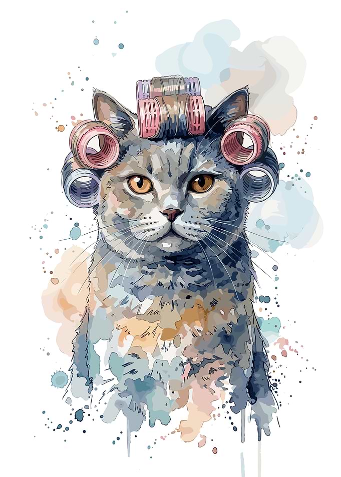 Cat Wearing Hair Rollers Watercolor Portrait