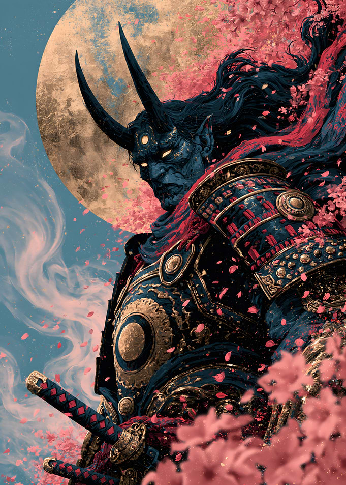 Epic Oni Samurai Demon with Golden Moon and Cherry Blossoms