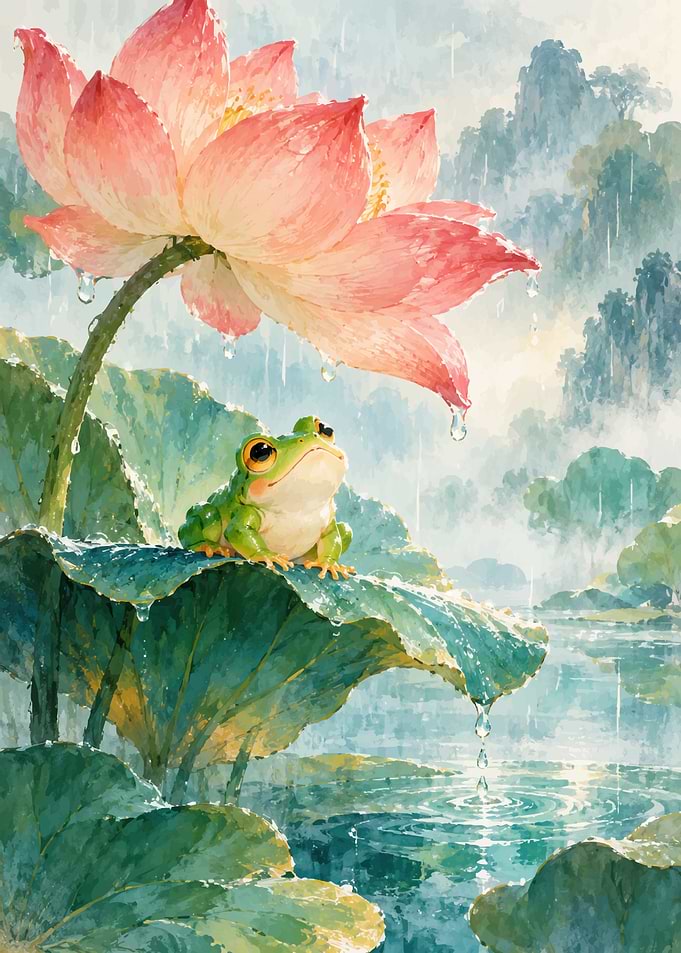 Frog Resting Under a Lotus Flower