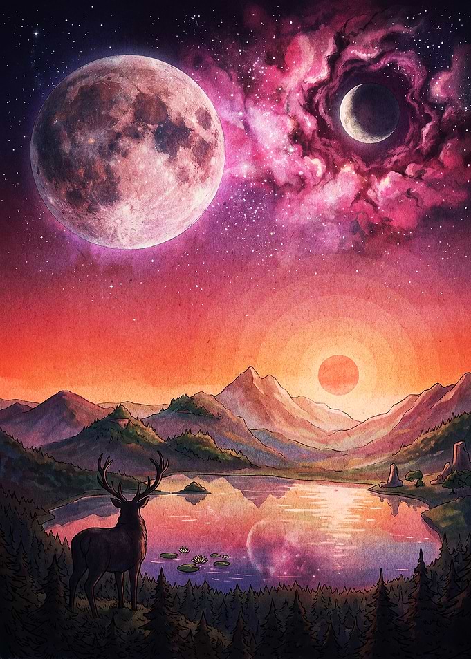 Deer Mountain Cosmic Watercolor Art