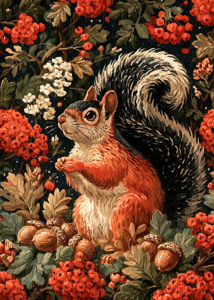 Squirrel in Autumn Berry Forest