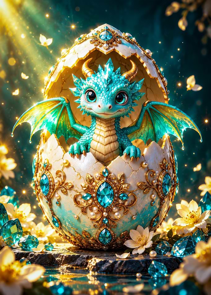 Baby Dragon Hatching from Jeweled Egg