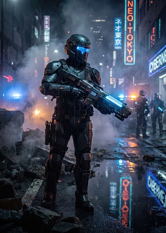 Cyberpunk Soldier in Neo-Tokyo