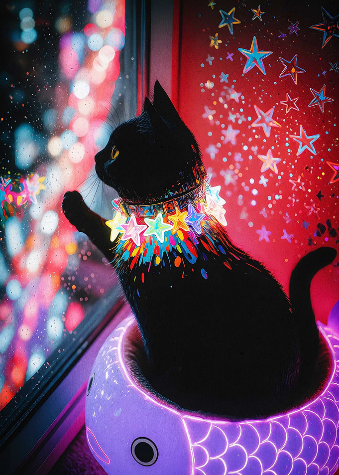 Black Cat Glowing Stars Fantasy Art