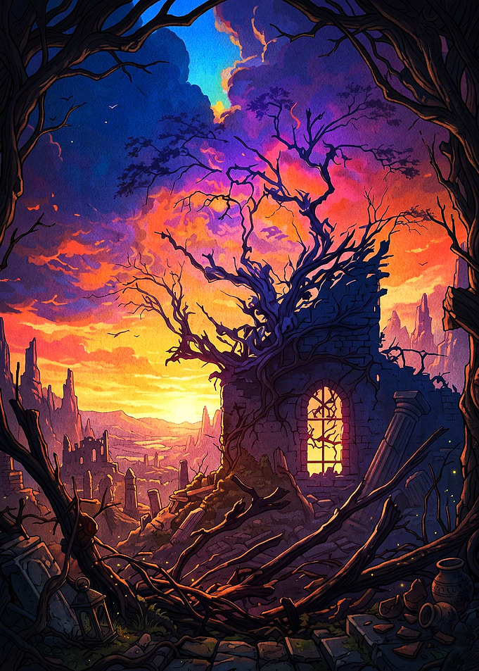Ruins Sunset Fantasy Landscape Art